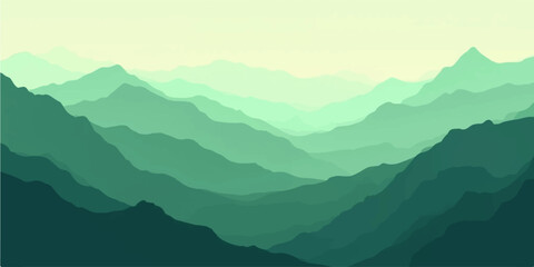 Balanced green layered hills blending into soft distant fog and forested peaks
