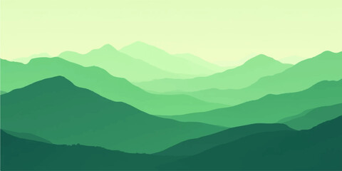 Deep forest green layered mountains under misty sky and fresh morning light