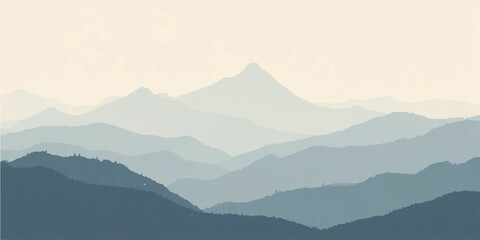 Abstract blue mountain landscape illustration with light haze and layered depth