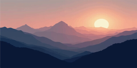 Sunrise illuminates a vast mountain landscape, with mist and clouds rolling over the peaks, creating a serene view of nature's light at dawn