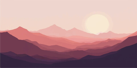 Obraz premium Sunrise and sunset over misty mountain landscape with hills forest and glowing sky
