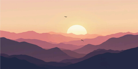 Sunrise and sunset over misty mountain landscape with hills and forest silhouette under colorful sky