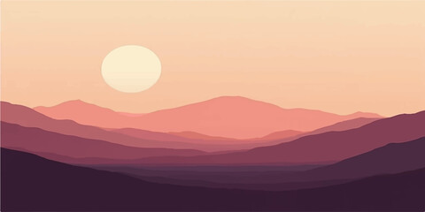 Minimalist mountain sunrise view with golden sun rising over pink misty layered peaks