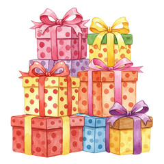 A vibrant watercolor illustration of a festive stack of colorful polka-dotted gift boxes tied with bows, ready for celebration.
