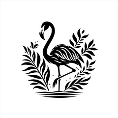 Fototapeta premium Elegant Black Silhouette Flamingo Amidst Lush Foliage.