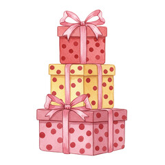 Obraz premium Watercolor illustration of a delightful tower of presents, each box wrapped in cheerful polka dot paper and tied with a pretty pink bow.