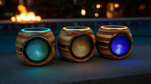 Outdoor Bluetooth Speakers with Colorful Lights by Fire Pit

