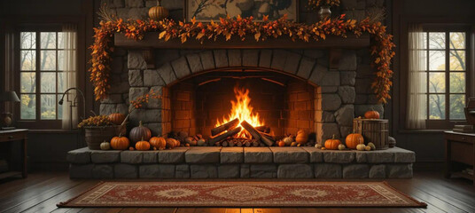 Charming Stone Fireplace Illuminated by Firelight, Decorated for Fall with Pumpkins and Foliage