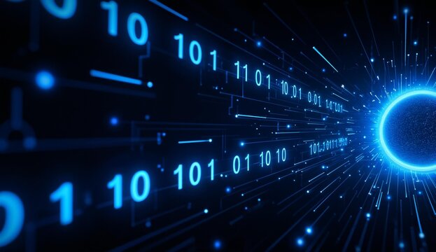 Digital data stream with binary code and glowing light, representing advanced technology and information flow.