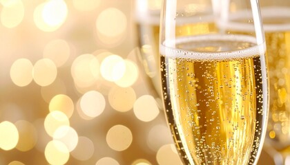 Macro champagne flute with intense golden sparkle and blurred background