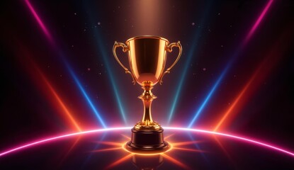 Golden trophy illuminated by vibrant, colorful light beams on a dark background