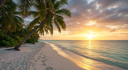 Fototapeta premium Serene Tropical Beach Sunset with Palm Trees and Footprints