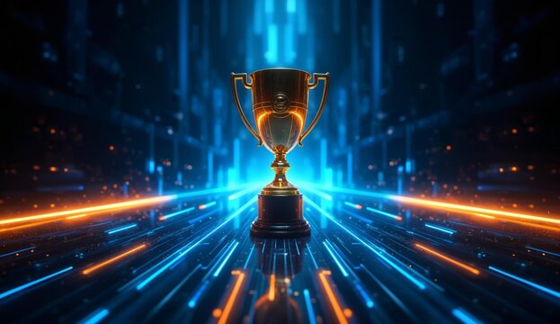 Golden Trophy Illuminated by Dynamic Light Beams in a Futuristic Setting