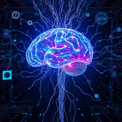 Artificial intelligence concept brain, abstract image of the human brain, blue digital wireframe lines, dark scientific background