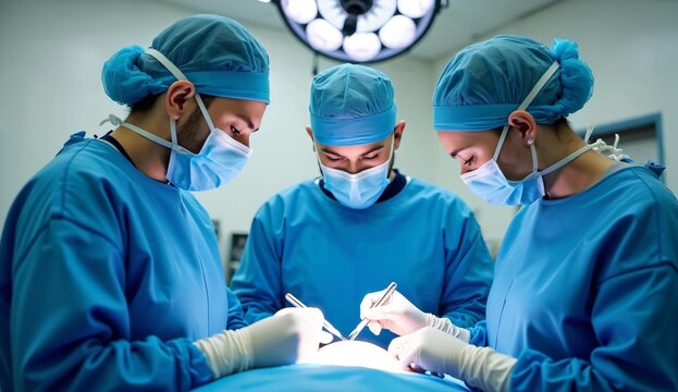 Surgeons performing surgery in an operating room - Powered by Adobe