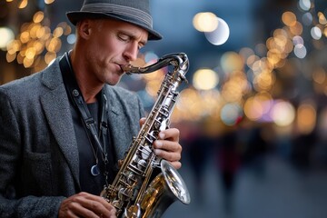 Naklejka premium Saxophonist performs on a bustling city street during a vibrant evening event
