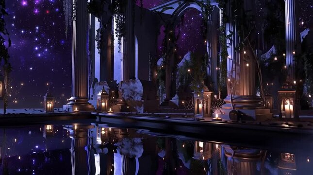 ancient temple garden at night with a sacred pond reflecting a vividly detailed galaxy sky, stone lanterns glowing softly, vines hanging from ruined arches