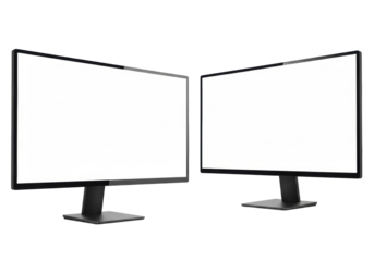 Two identical sleek black computer monitors, modern minimalist design, ultra-thin bezels, transparent screens, isolated on a transparent background with no shadows, 3/4 view, UHD quality, concept