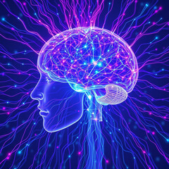 Digital neural network , Glowing brain wireframe, futuristic tech scene