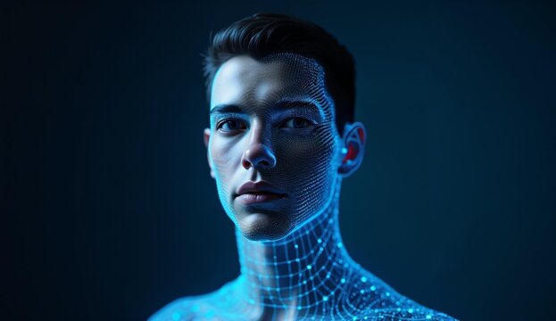 Person with Digital Facial Mapping Under Blue Lighting