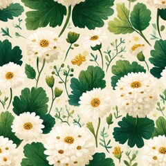 Beautiful Watercolor Floral Seamless Pattern Featuring White Flowers and Green Leaves in Repeating Design
