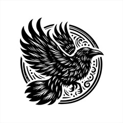 Stylized Black Raven in Circular Ornament.