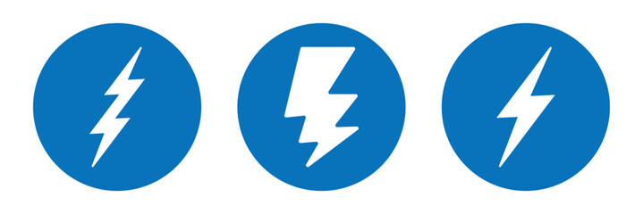 Lightning bolt icon set, flash electric symbol, thunderbolt in circle, energy sign, power icon, electric charge, voltage flash, electric spark