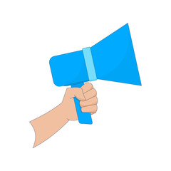 hand holding a blue megaphone. announcement theme. advertisement. information. job vacancy. business. promo. vector illustration