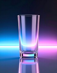 Vibrant clear drinking glass illuminated by dynamic blue and pink neon lights, casting colorful reflections on a polished dark surface, creating a modern and abstract visual concept