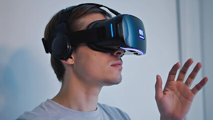 Man Using Virtual Reality Headset Exploring Digital World