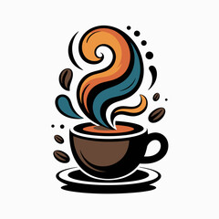 Aromatic Coffee Cup Illustration with Colorful Steam and Coffee Bean Accents for Beverage Lovers and Design Projects