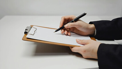 Close-up of Hands Writing on Clipboard with Pen