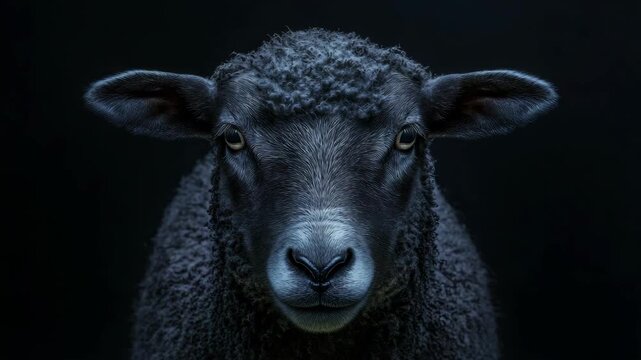 Front-facing close-up of a black sheep with textured wool and focused eyes, captured in dramatic lighting on a dark background, symbolizing individuality