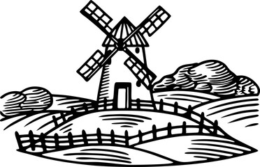 Naklejka premium Rustic windmill on grassy hill with wooden fence, countryside landscape, rural farm field sketch illustration