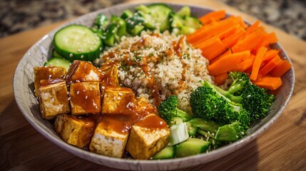 Delicious and Healthy Buddha Bowl with Glazed Tofu and Fresh Vegetables