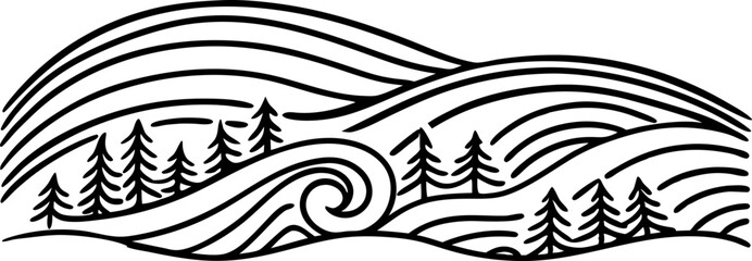 Fototapeta premium Nature landscape line art with rolling hills, pine trees, and stylized wave minimalist black and white scenery illustration