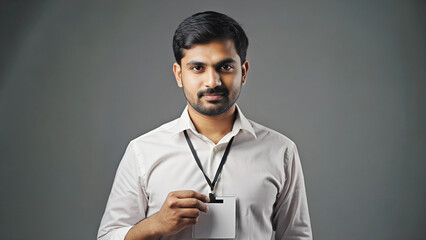 Professional Man Holding ID Badge in Studio Portrait