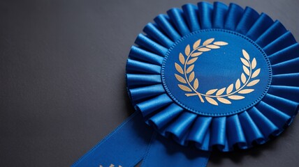 Blue ribbon award closeup, victory celebration, achievement badge, first place prize, honor recognition.