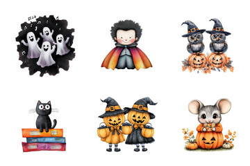 A collection of Halloween themed watercolor illustrations with ghosts vampire owls black cat pumpkin heads and a mouse