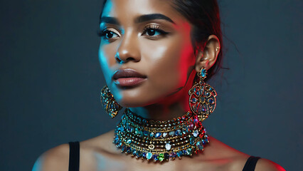 Glamorous woman in ethnic jewelry under colorful neon lighting