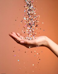 A cascade of vibrant, sparkling glitter gracefully falls into an open hand, symbolizing joy, magic, and celebration with radiant light