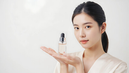 Asian woman promoting cosmetic serum in modern bathroom
