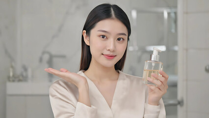 Beautiful Asian woman presenting skincare serum for beauty campaign