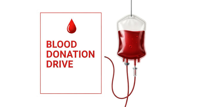 Blood donation drive poster and blood bag for transfusion campaign awareness and health promotion effort on transparent background