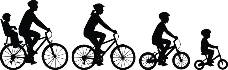 Fototapeta premium Silhouette of four individuals riding bicycles in a row with motion and balance