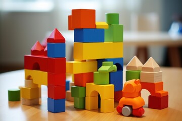 Obraz premium Brightly colored wooden building blocks arranged on a table, creating an imaginative cityscape or castle