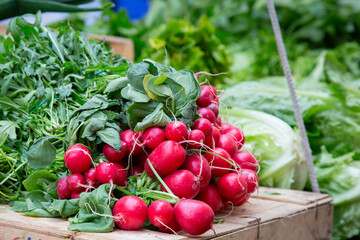 A bunch of fresh green radishes are sitting atop a wooden box