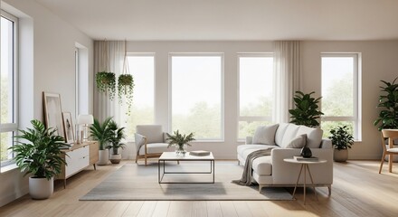 Fototapeta premium Serene and Bright Living Room with Natural Light and Greenery for Relaxation