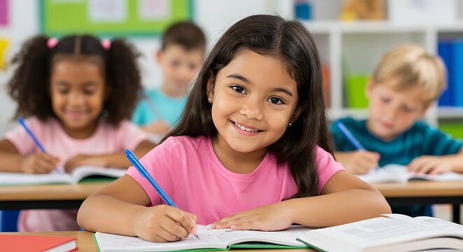 Happy students writing in classroom during lesson at school
