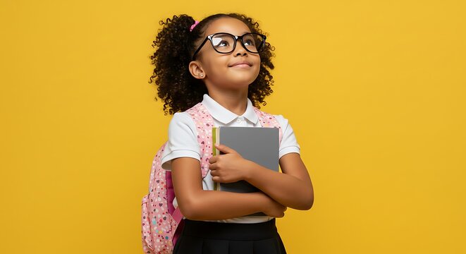 Young African Schoolgirl with Backpack Looks Upward Optimistically